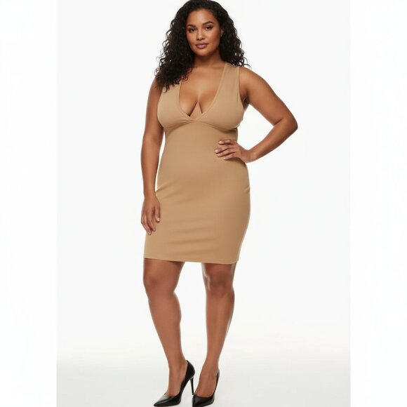 Babaton Sculpt Knit V Neck Mini Dress XL Camel NWOT - Picture 1 of 8